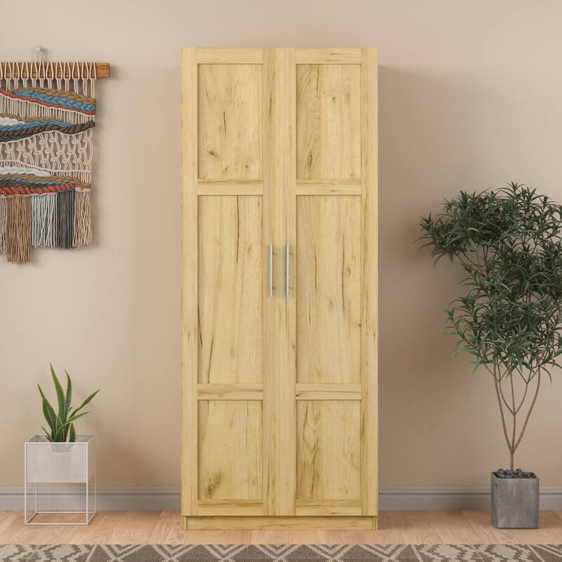 Wood High Wardrobe Cabinet with 4 Storage Spaces and 2 Doors