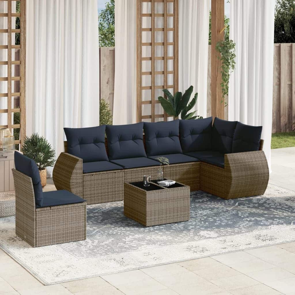 vidaXL 7 Piece Patio Sofa Set with Cushions Gray Poly Rattan - 117.8x27.2x73.7