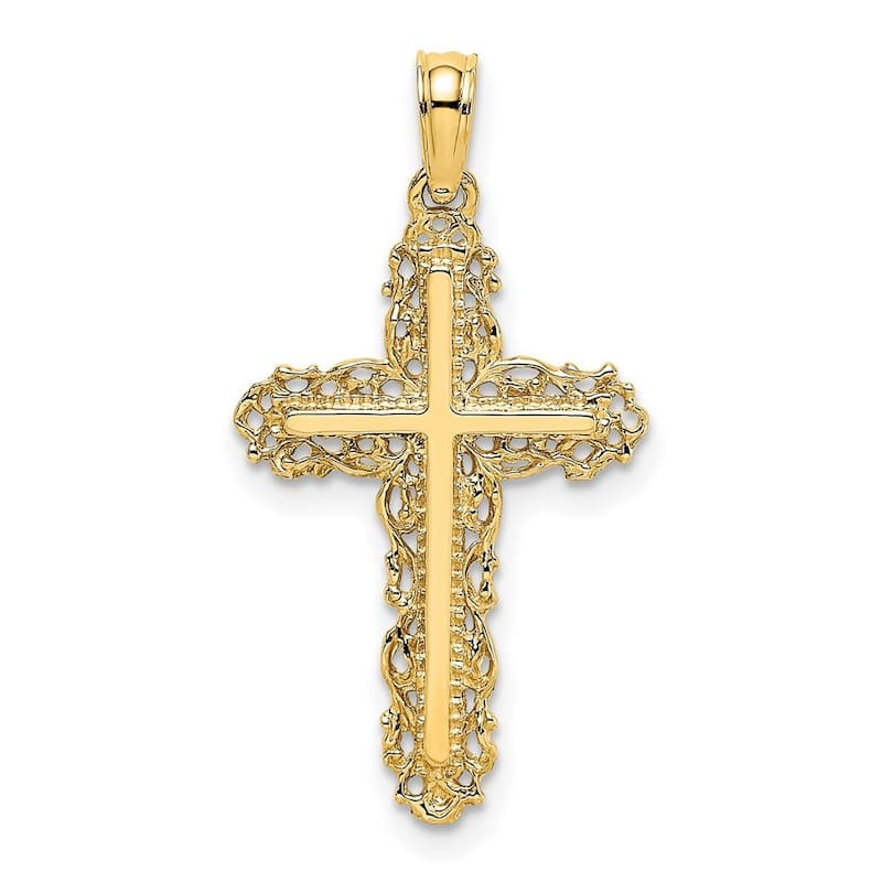 Curata 14k Yellow Gold Filigree Lace Trim Cross Pendant Necklace 16mm x 21.3mm