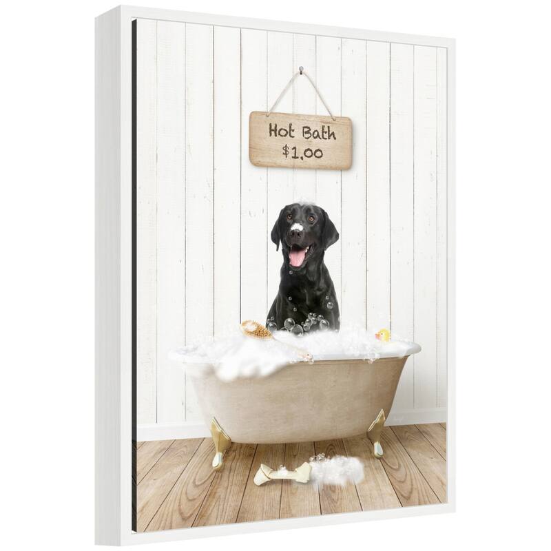 Kate and Laurel Sylvie Black Lab in Farmhouse Hot Bath Framed Canvas by Amy Peterson - 18x24