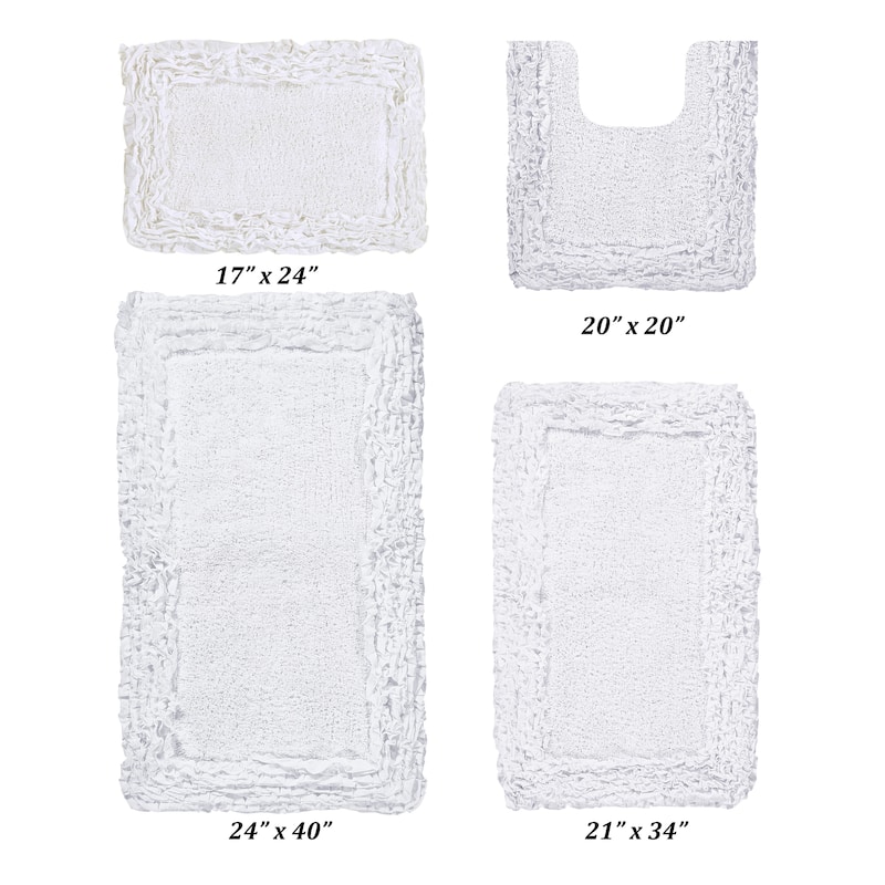 Better Trends Shaggy Border Collection Bathroom Rug -100% Cotton Tufted, Non-Skid Spray Latex Backing, Machine Washable Bath Mat - 4 Piece Set 17"x24" | 20"x20" | 21"x34" | 24"x40" - White