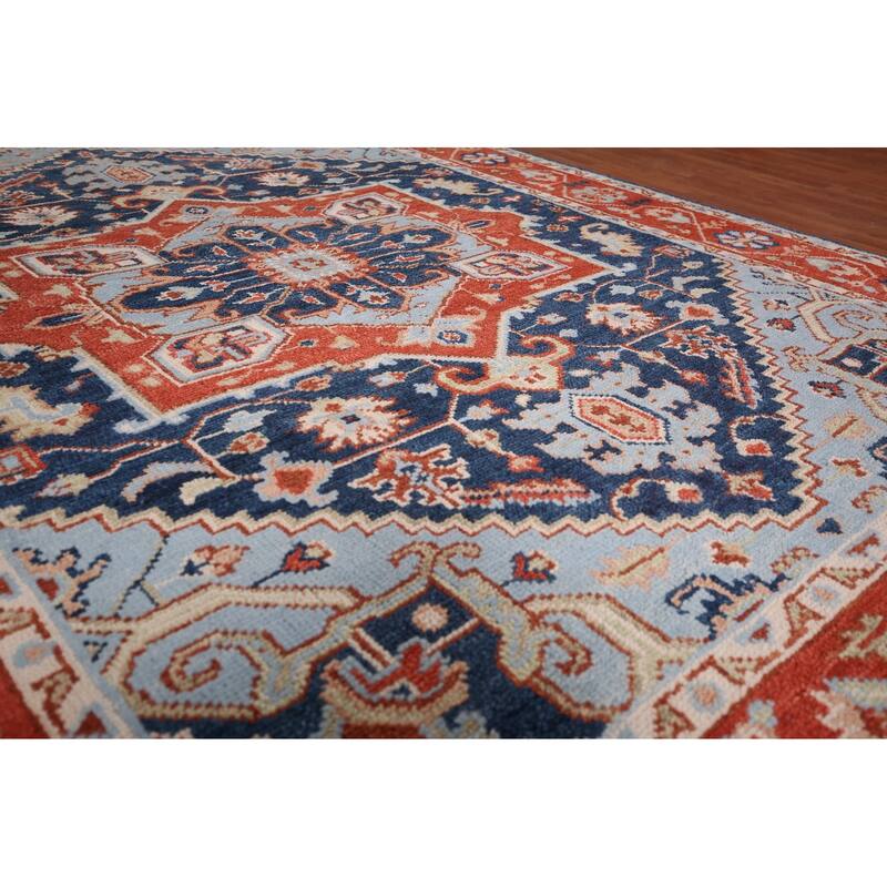 Blues & Orange Heriz Serapi Indian Area Rug Hand-Knotted Wool Carpet - 7'7" x 9'11"