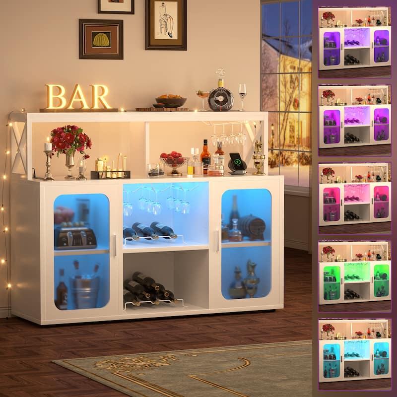 Buffet Sideboard Cabinet Wood Coffee Bar Cabinet with Charging Station and LED lights