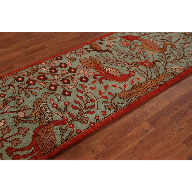 Animals Green Ziegler Indian Runner Rug Handmade Wool Carpet - 2'7"x 7'11"