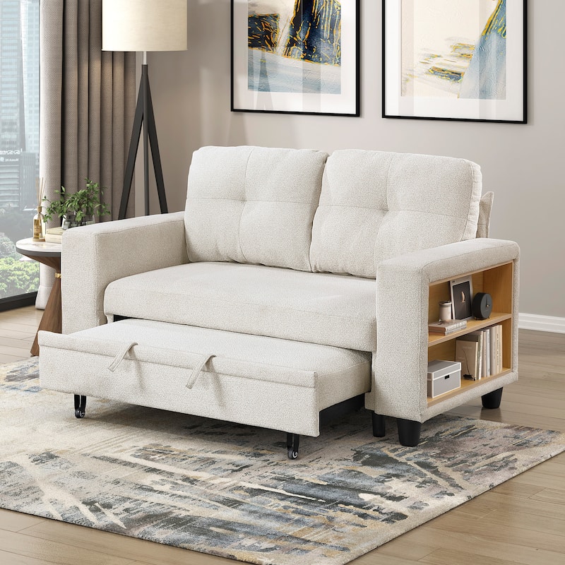 Hazel 56.5" Boucle 2-Seater Loveseat - Pull-out Bed, Shelves, USB Port