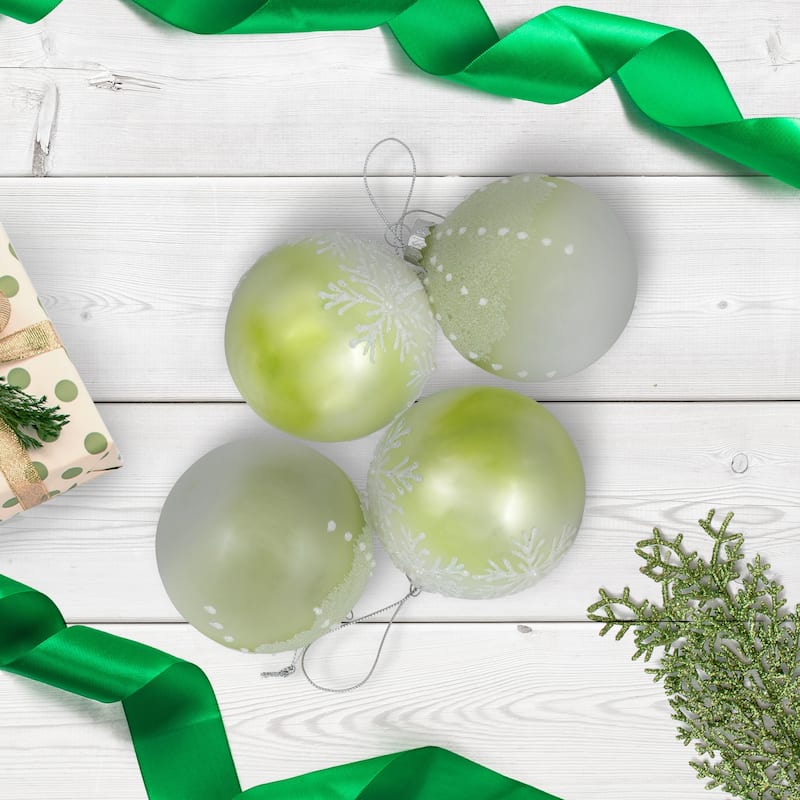Snowflakes Shiny Glass Ball Christmas Ornaments - 3" (80mm) - Green and White - 4ct
