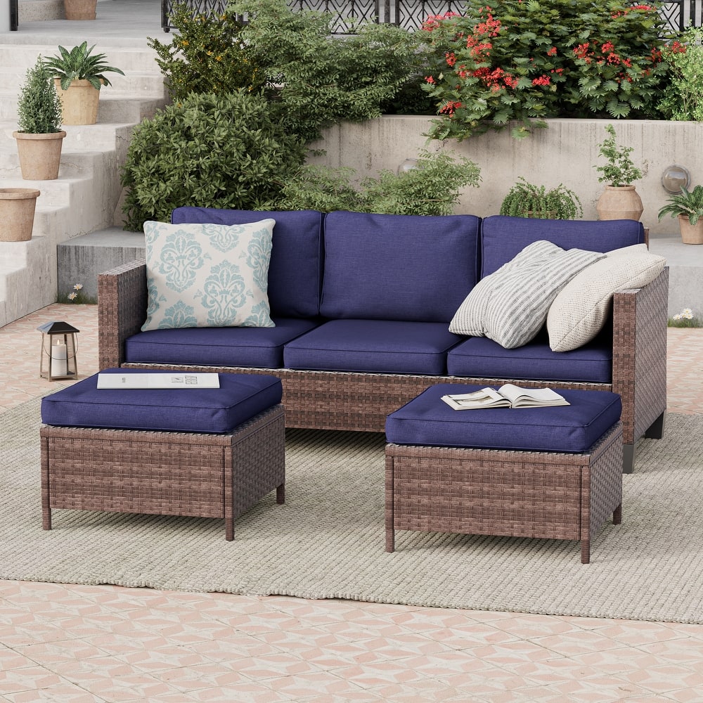 BONOSUKI 3-Piece Patio Sofa Set Brown Rattan Furniture with Ottomans