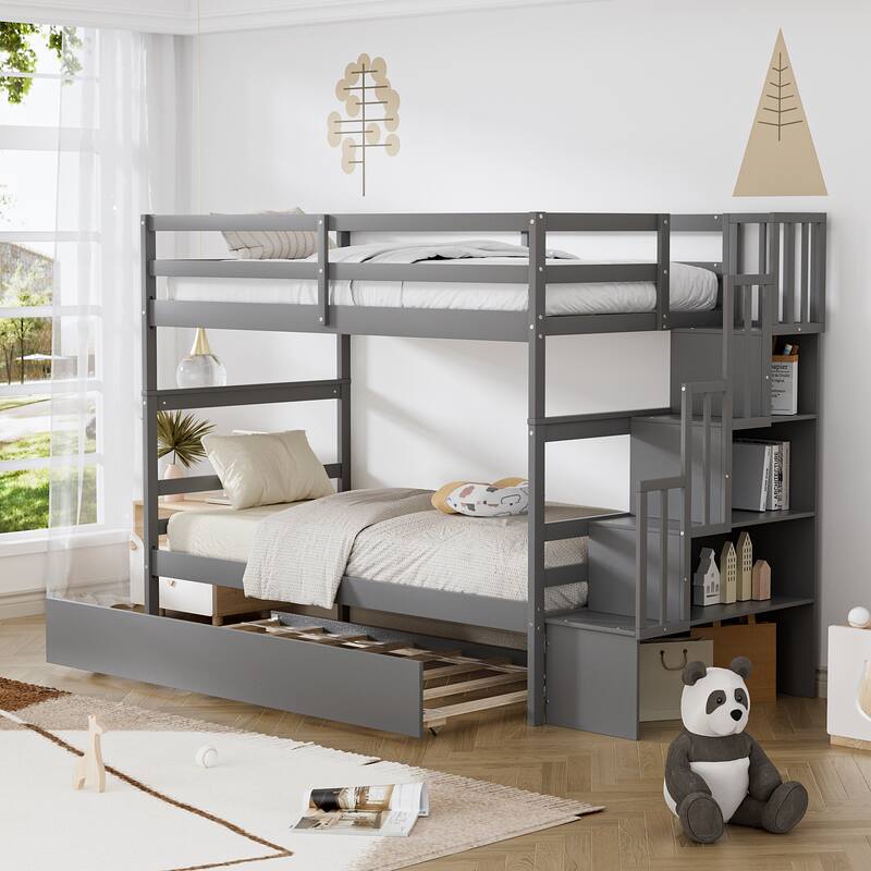 Ouyessir Twin Over Twin Bunk Bed with Trundle and Staircase - Grey