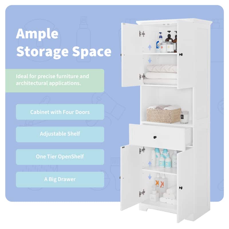 Tall Bathroom Cabinet with 4 Doors, Large Bathroom Moisture Proof Storage Cabinet with Open Shelves, Upper Storage Cabinet