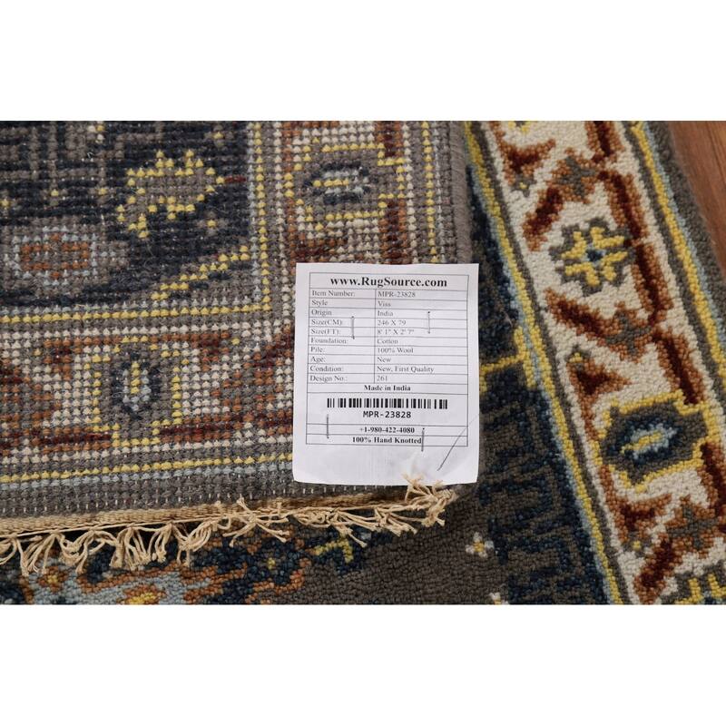 Gray Geometric Viss Indian Runner Rug Handmade Wool Carpet - 2'7"x 8'1"