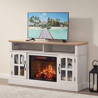 Modern Simple TV Stand with 2 Storage Cabinets and Electric Fireplace for Living Room Home Theater and Bedroom