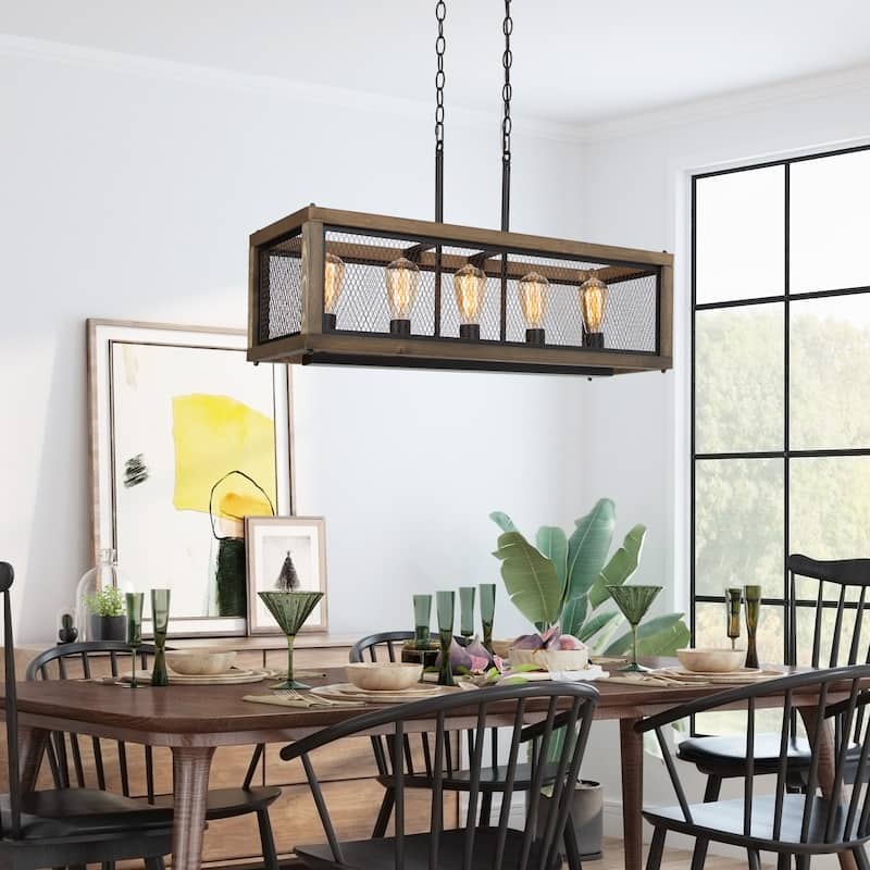 Campea Farmhouse 5-Light 31.5" Linear Wood Chandelier for Kitchen Island - L31.5"xW10"xH10"