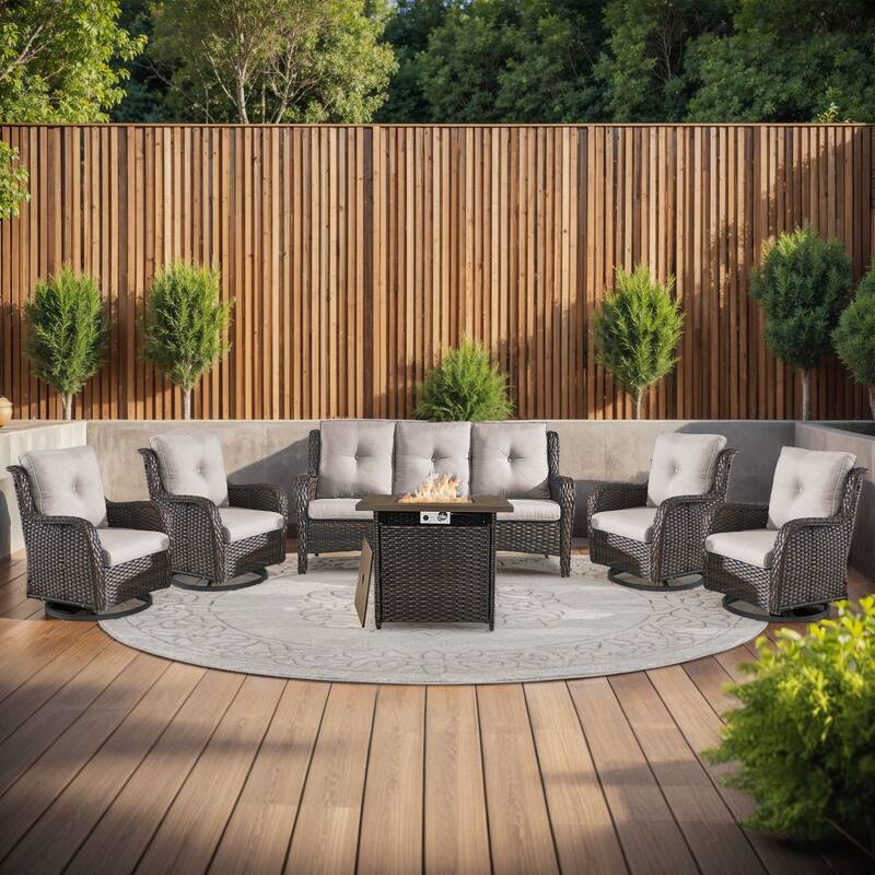 Gymojoy 6-Piece Outdoor Sofa & Chair Set with 4 Swivel Chairs, Fire Pit Table - Brown Wicker / Beige Cusion - 6-Piece