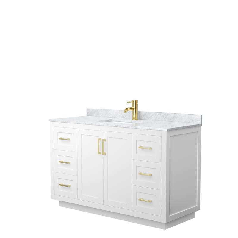 Miranda Single Vanity Set, White Carrara Marble Top, No Mirror - 54-Inch Single - White, Gold Trim, White Carrara Marble Top