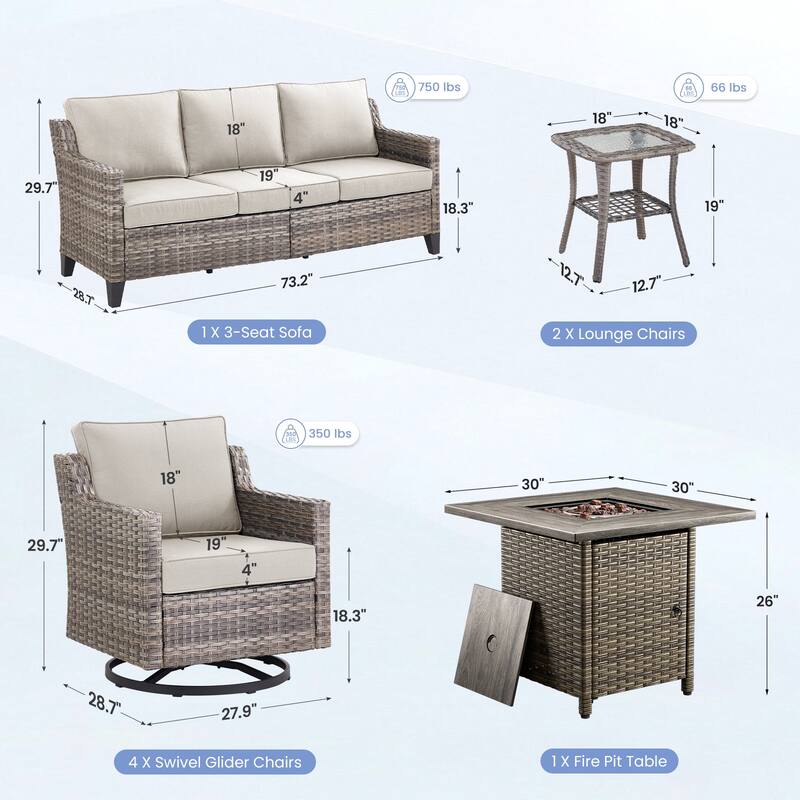 Pocassy 8-Piece Fire Pit Table w/ Sofa Swivel Chair