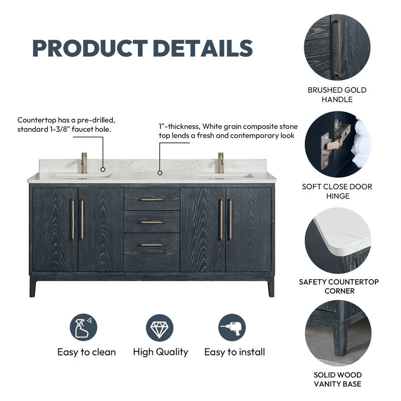 Gara Double Bath Vanity with Composite Stone Top without Mirror