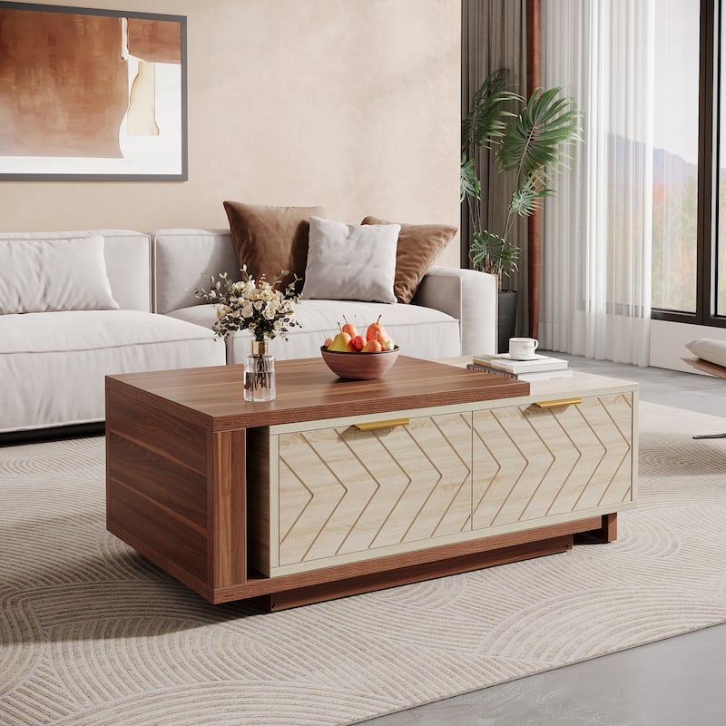 Extendable Coffee Table with 2-drawer and Wood Sliding Tabletop for Living Room