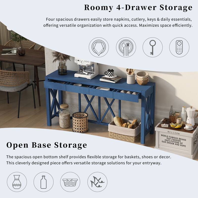 Acacia Veneer Console Table Entryway Table with 4 Drawers and X-Leg, Farmhouse Sofa Table with Open Bottom Storage