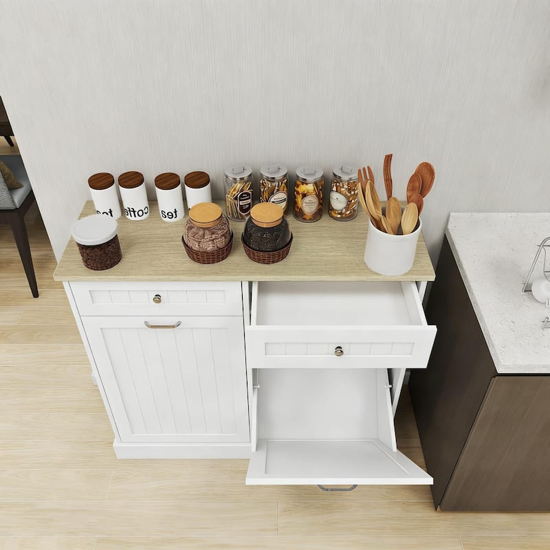 Anmytek White Farmhouse Kitchen Trash Cabinet with 2 Drawers and Tilt-Out 2-Compartment Storage
