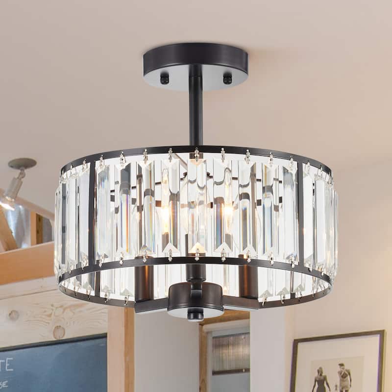 CO-Z 12" Modern 3-Light Crystal Semi Flush Mount Chandelier with Drum Shade