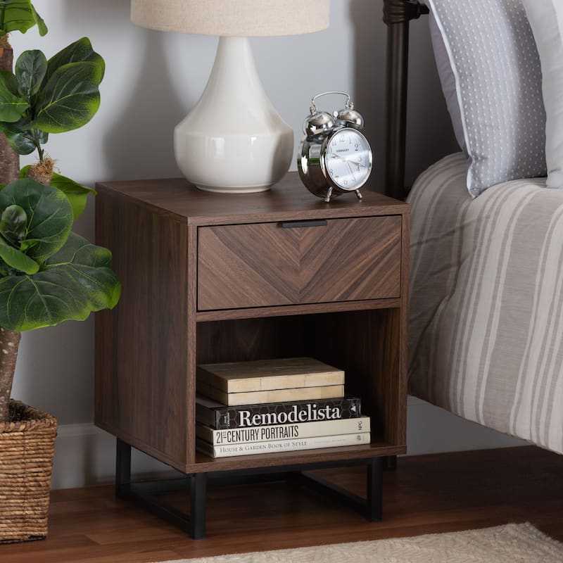 Sadia Modern Walnut Brown Finished Wood and Black Metal 1-Drawer End Table