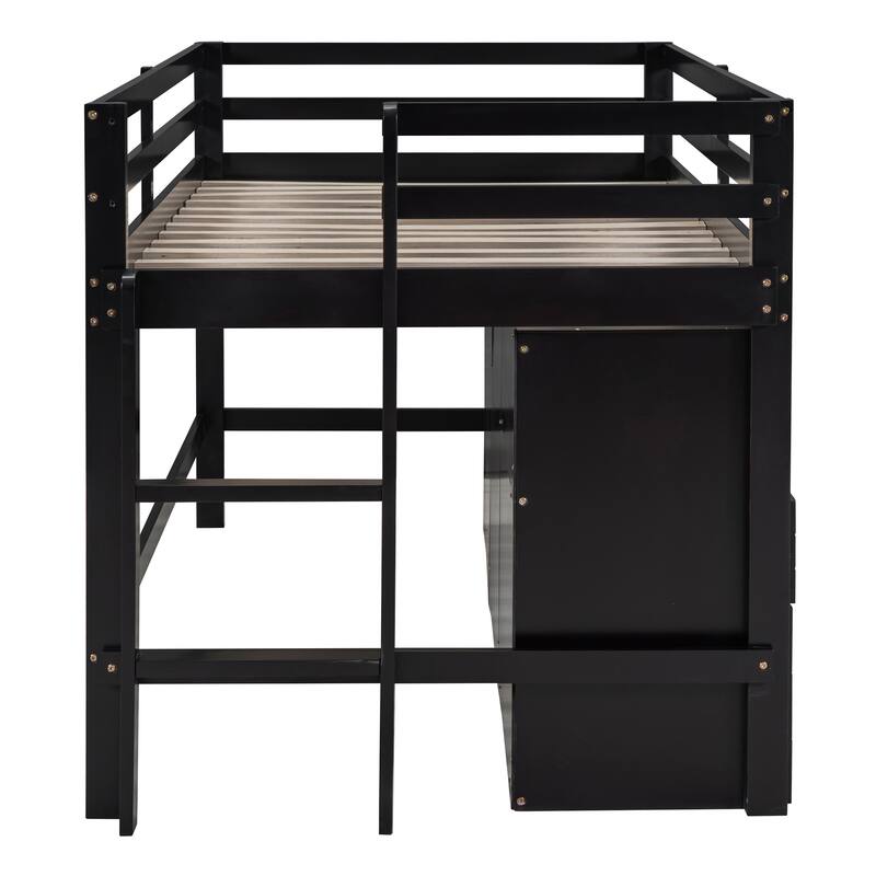 Space-Saving Twin Loft Bed with Drawers, Cabinet, and Shelves in Espresso