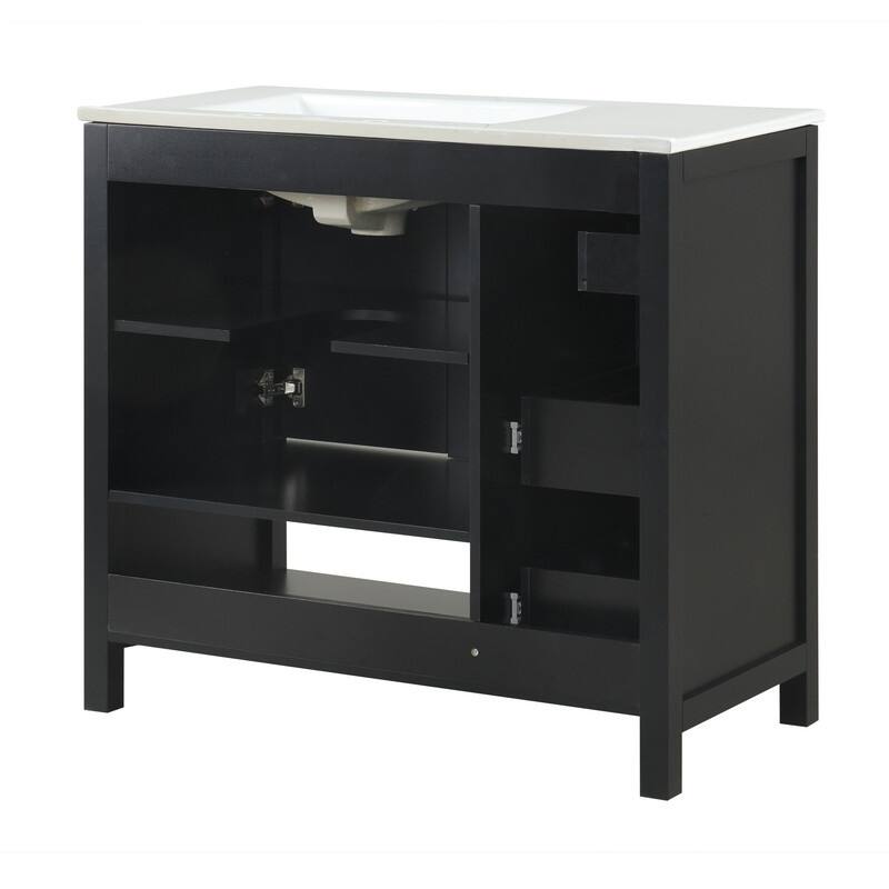 36"W Bathroom Vanity with Ceramic Top, Bathroom Vanity with Drawer Divider, Freestanding Cabinet with Open Shelf