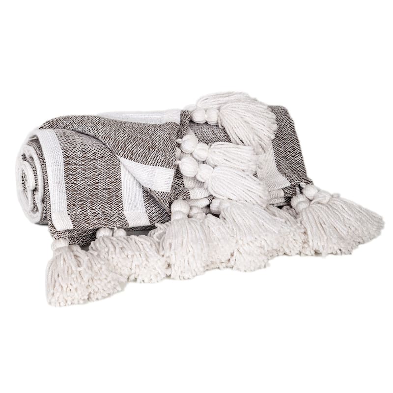HomeRoots 50" X 60" Charcoal Woven Cotton Striped Throw Blanket with Tassels