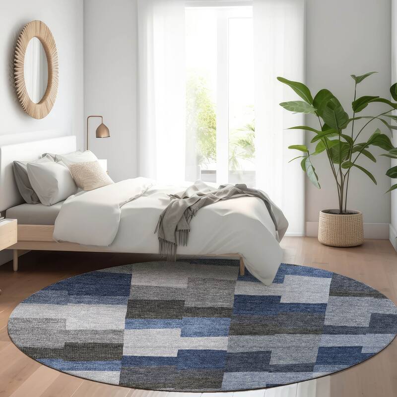 Machine Washable Indoor/ Outdoor Chantille Modern Blocks Rug - Blue - 8' x 8'