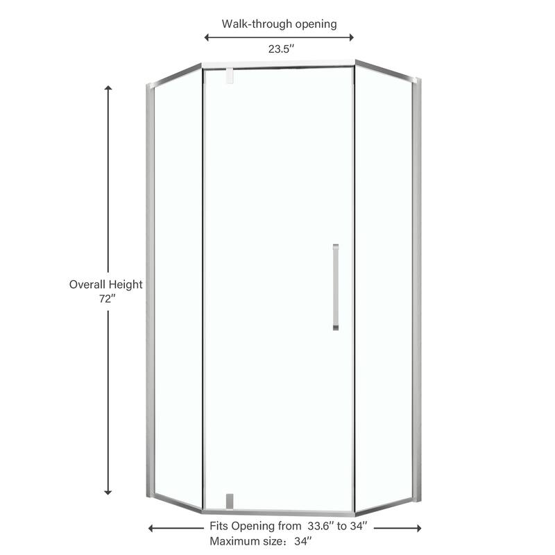 Lordear Shower Door 34-1/8" x 72" Semi-Frameless Neo-Angle Hinged Shower Enclosure - Chrome