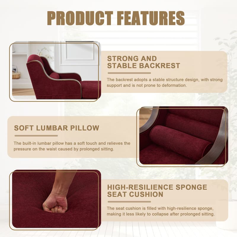 Ergonomic Chaise Lounge Indoor Chenille Single Lazy Sleeper Sofa Bed with Side Pockets, Solid Wood Armrests and Foots