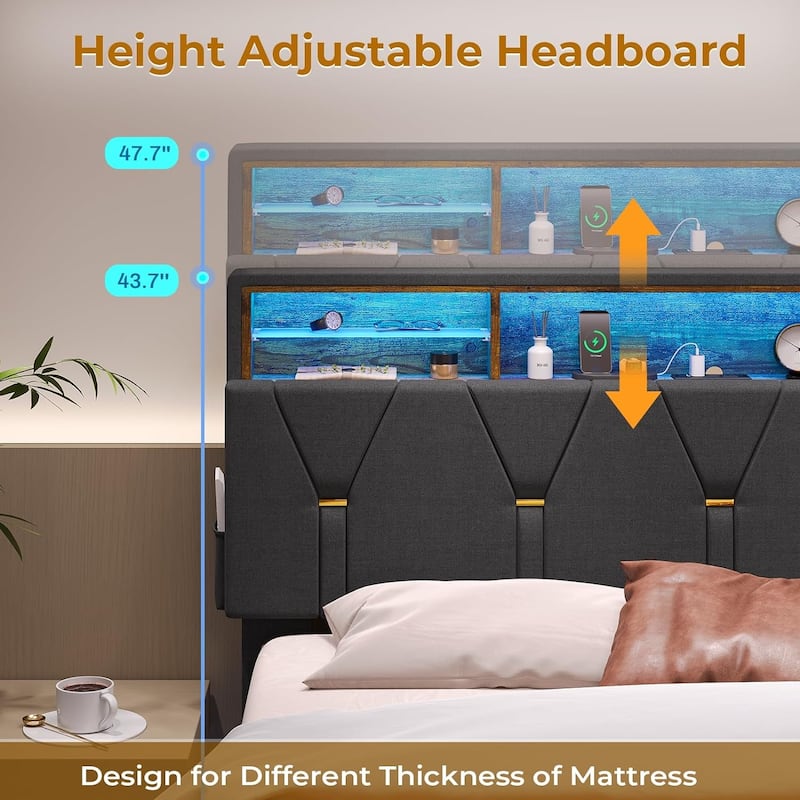Bed Frame Storage Headboard RGB LED Lights Upholstered Platform