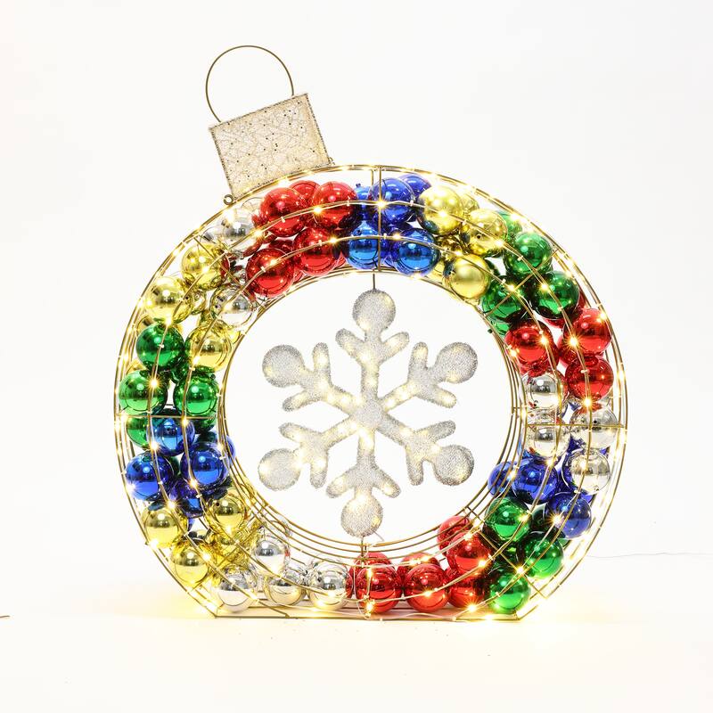3Ft Tall Ornament and Snowflake Wreath Outdoor Holiday Decoration with Lights - 36" H x 31.5" W x 6.3" D