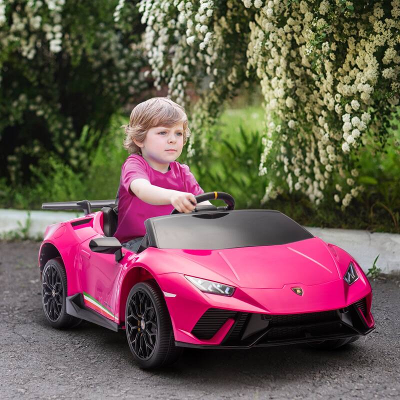 Qaba 12V Lamborghini Huracan Licensed Kids Electric Car with Remote Control, Spring Suspension, Transport Wheel, LED Lights - Pink