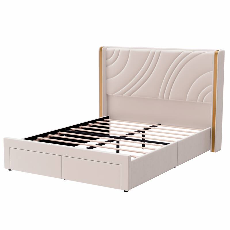 Upholstered LED Bed Frame with Storage Drawers, Velvet Platform Bed with Wingback Headboard, RGB Light