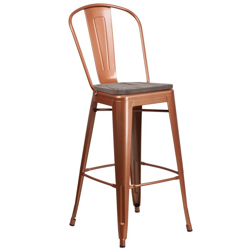 30" High Metal Barstool with Back and Wood Seat - 18"W x 19"D x 46"H - 18"W x 19"D x 46"H