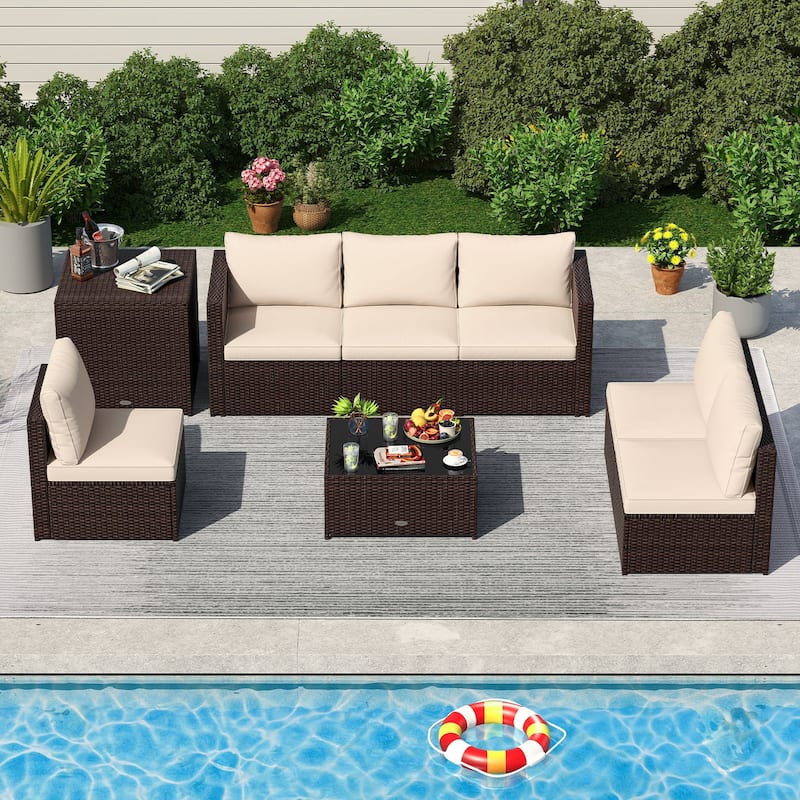 8-Piece Outdoor Patio Furniture Set with Storage Box Brown PE Rattan Sectional and Beige Cushions - 27" x 27" x 25.5"