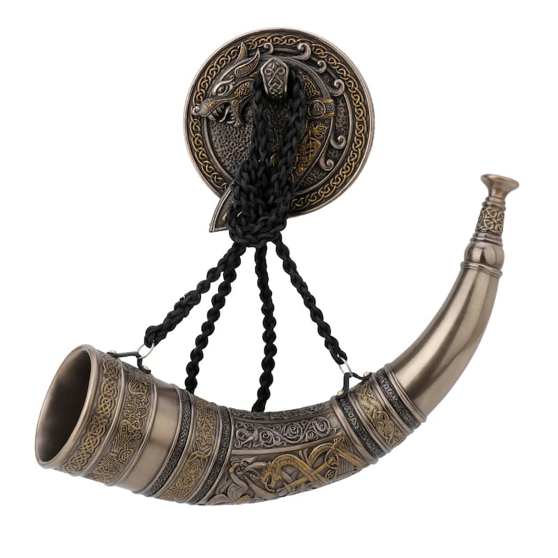 Veronese Design 18.11" L SIGUR SLAYING FAFNIR VIKING HORN WITH DRAGON WALL MOUNT Cold Cast Bronze
