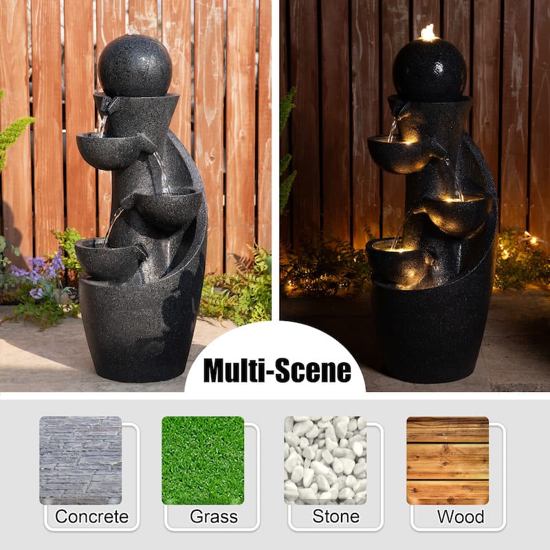 Glitzhome 33.5"H Modern 5-Tier Bowl and Sphere Polyresin Outdoor Fountain with Pump and LED Light
