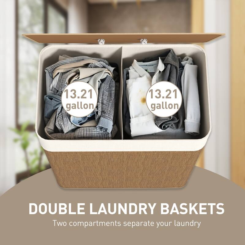 HOMCOM Double Laundry Basket with Lid, 26.4 Gallon Bamboo Laundry Hamper with Rope Handles, Clothes Hamper with Removable Liner