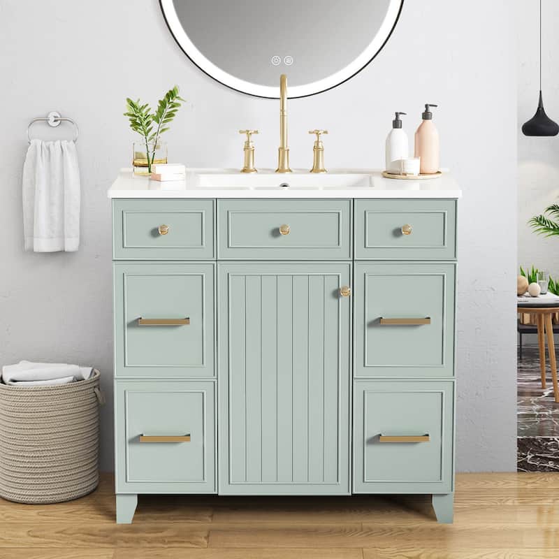 36" Bathroom Vanity with Ceramic Sink,Solid Wood Frame - Green