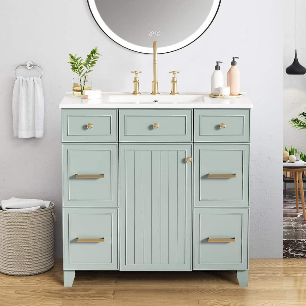 36" Bathroom Vanity with Ceramic Sink,Solid Wood Frame