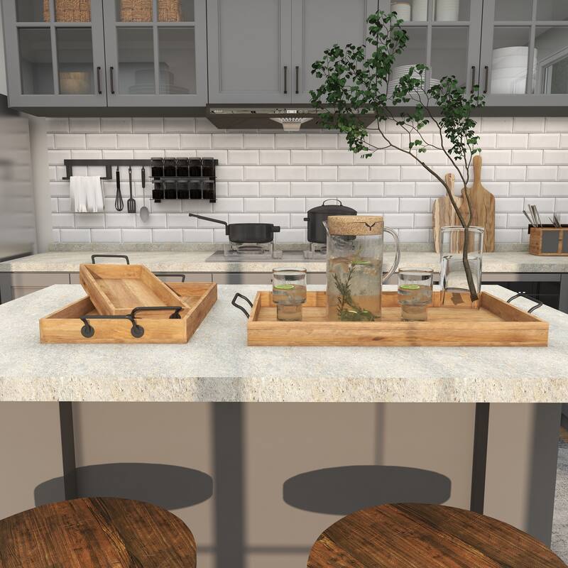 Mango Wood Tray with Slot Handles - Set of 3 Brown - Roche River Decor - 15"W x 24"L x 2"H