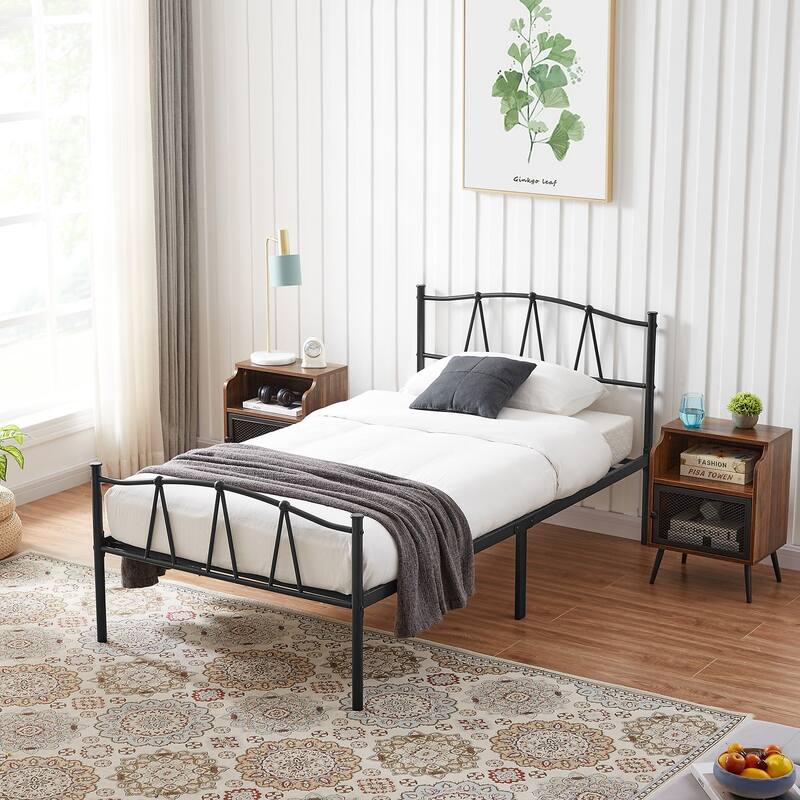 Industrial 3 Piece Bedroom Set Black Platform Bed Frame and Modern Brown Nightstands Set of 2