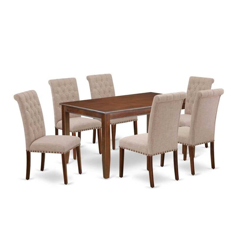 7-Piece Dinette Set - Kitchen Table & 6 Parson Chairs - Mahogany Finish - Light Fawn Fabric - 60