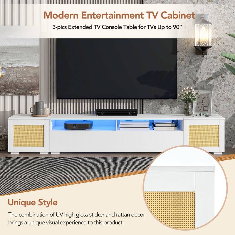 3-Piece Extended TV Stand with Color-Changing LED Lights - Rattan Style, Push-to-Open Doors, 82" Entertainment Center