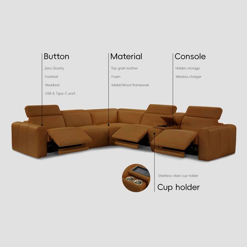 6PCS, 3 power Recliners, Leather Reclining Large Sectional with Power Headrest, Wireless Charging