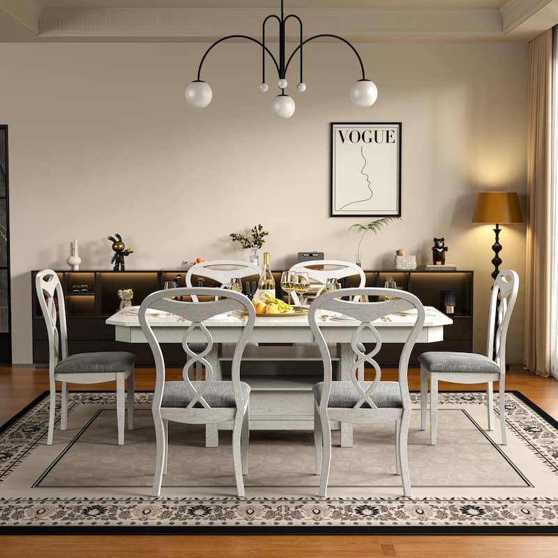 VECELO 4 to 6 Rubber Wood Extendable Dining Set with Fish Cutout Chairs with Dual Storage Upholstered Seat