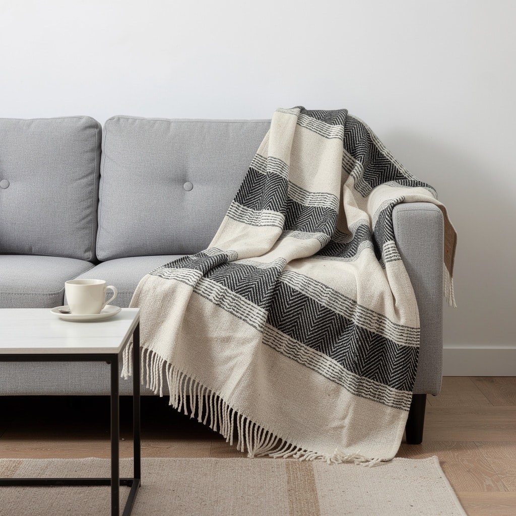 HomeRoots 50" X 60" Black Cotton Woven Striped Throw Blanket with Fringe