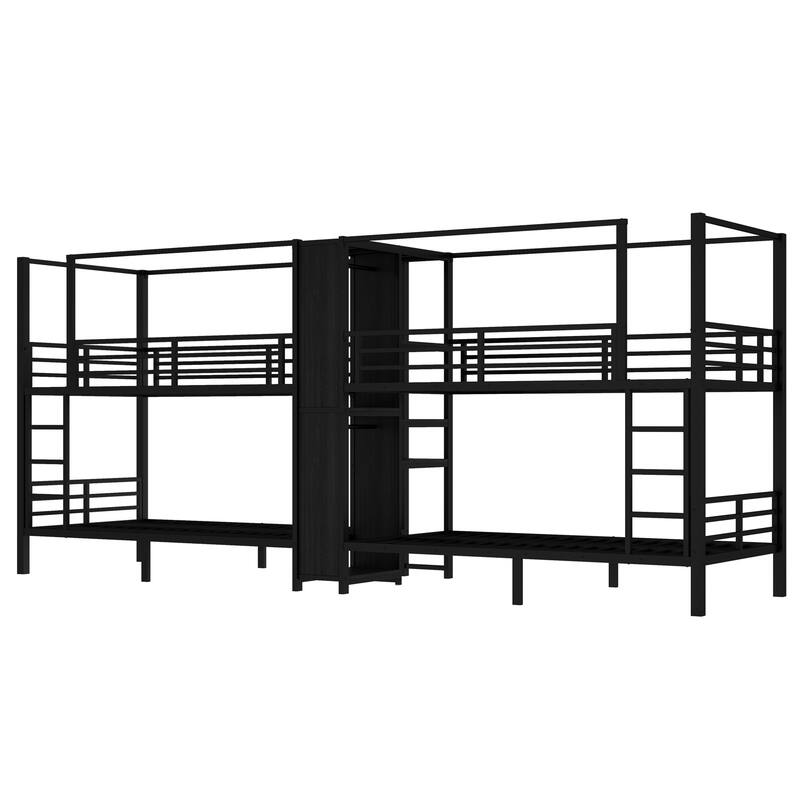 Quadruple Metal Bunk Bed, Heavy Duty Metal Bunk Bed Frame with Built Wardrobe and Storage Shelves, Noise Free